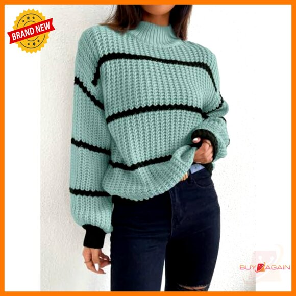 High-Neck Cropped Sweater Striped Stand-Up Collar Dropped Shoulder Knitted - Picture 7 of 7